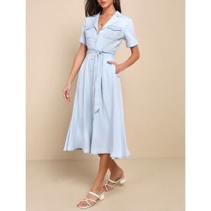 NWT Lulus Pleasant Cutie Blue Chambray Collared Midi Dress With Pockets XS